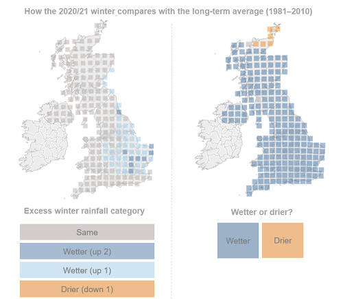 UK map showing excess winter rainfall final results (2020-21) compared to the long-term average